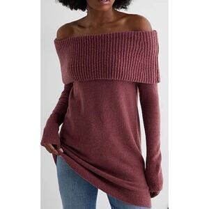 Express Ribbed Off The Shoulder Overlay Oversized Tunic Sweater Wine Red Size XL
